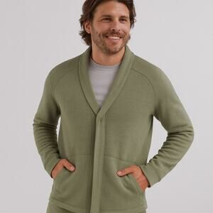 LUNYA LAHGO Restore Double Faced Cardigan Green Heathered Button Pockets Med NEW